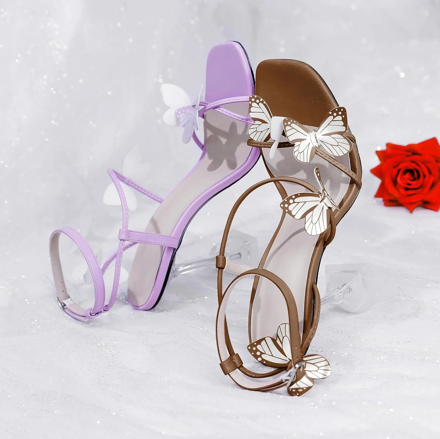 Esvowido Heeled Sandals for Women, Butterfly Ankle Strap Open Toe High Heels, Strappy Square Toe Clear Stiletto Spool Heels, Butterfly Sandals 4 Inches