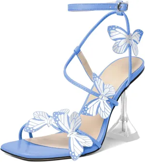Esvowido Heeled Sandals for Women, Butterfly Ankle Strap Open Toe High Heels, Strappy Square Toe Clear Stiletto Spool Heels, Butterfly Sandals 4 Inches