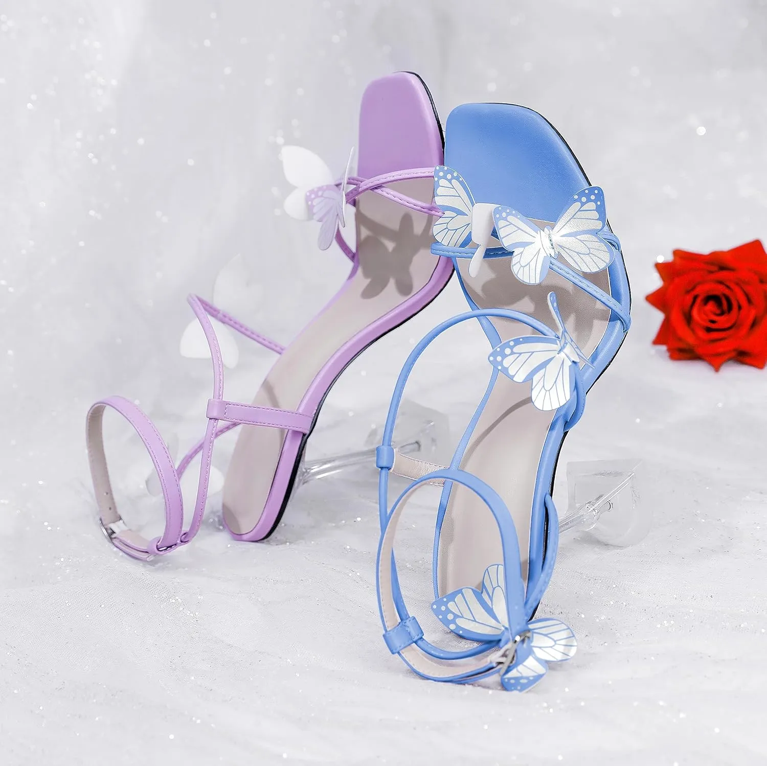 Esvowido Heeled Sandals for Women, Butterfly Ankle Strap Open Toe High Heels, Strappy Square Toe Clear Stiletto Spool Heels, Butterfly Sandals 4 Inches
