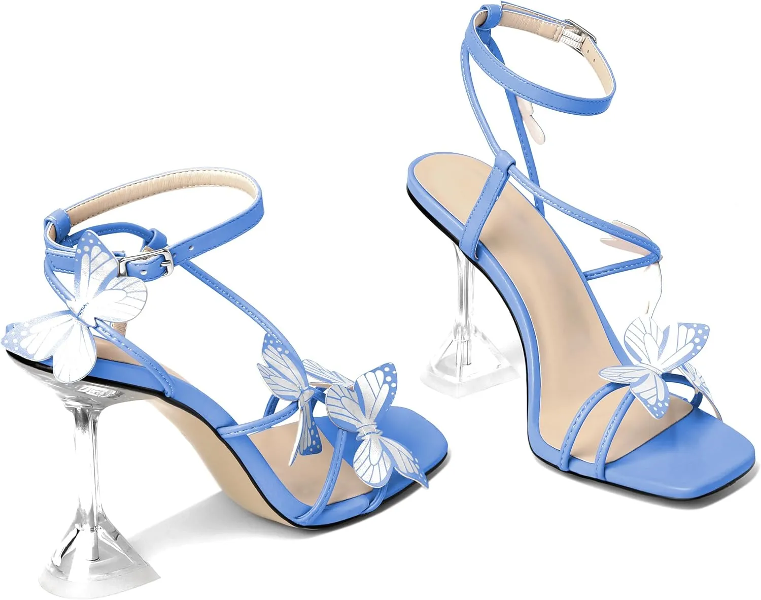 Esvowido Heeled Sandals for Women, Butterfly Ankle Strap Open Toe High Heels, Strappy Square Toe Clear Stiletto Spool Heels, Butterfly Sandals 4 Inches