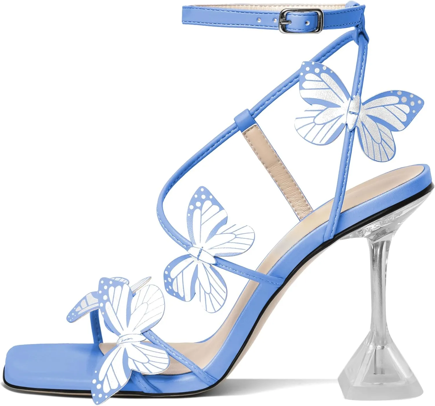 Esvowido Heeled Sandals for Women, Butterfly Ankle Strap Open Toe High Heels, Strappy Square Toe Clear Stiletto Spool Heels, Butterfly Sandals 4 Inches