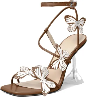 Esvowido Heeled Sandals for Women, Butterfly Ankle Strap Open Toe High Heels, Strappy Square Toe Clear Stiletto Spool Heels, Butterfly Sandals 4 Inches
