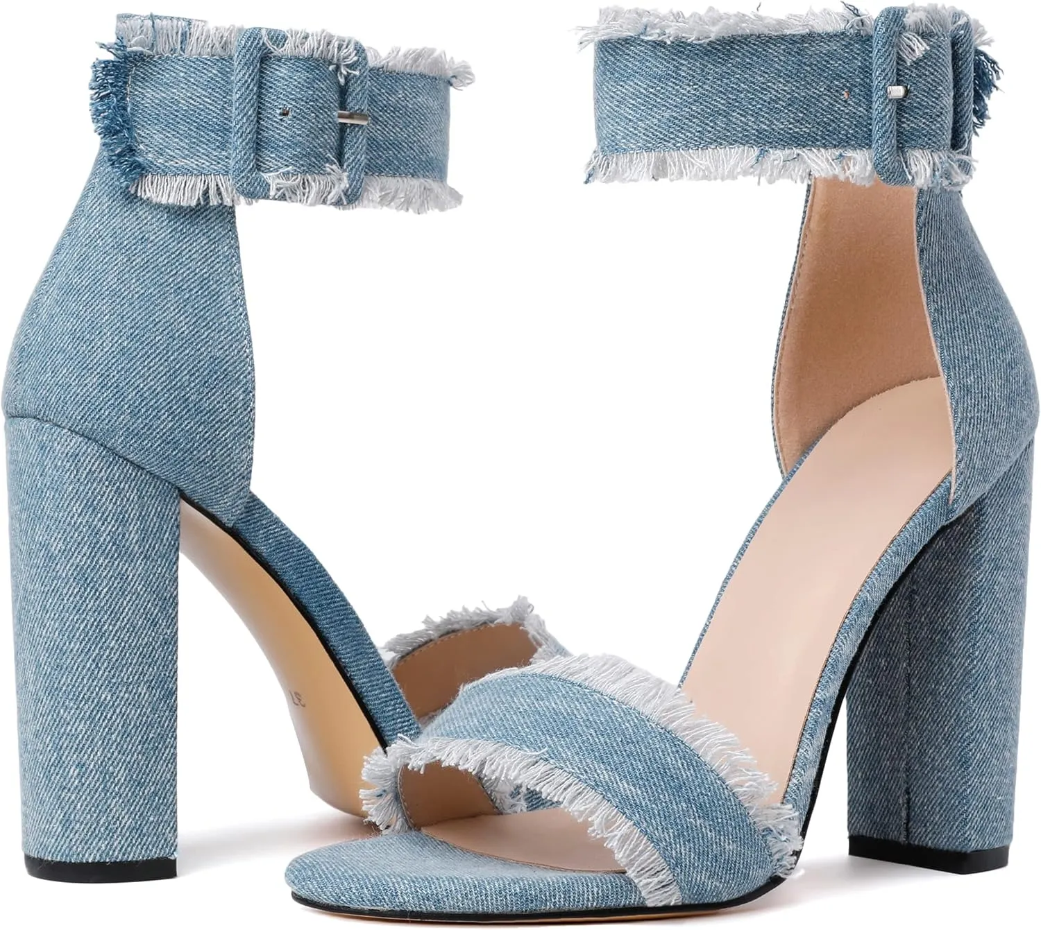 Esvowido Women's Open Toe Denim High Heeled Sandals Fashion Comfortable Ankle Strap Tassel Chunky Block Heels
