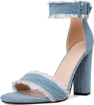 Esvowido Women's Open Toe Denim High Heeled Sandals Fashion Comfortable Ankle Strap Tassel Chunky Block Heels