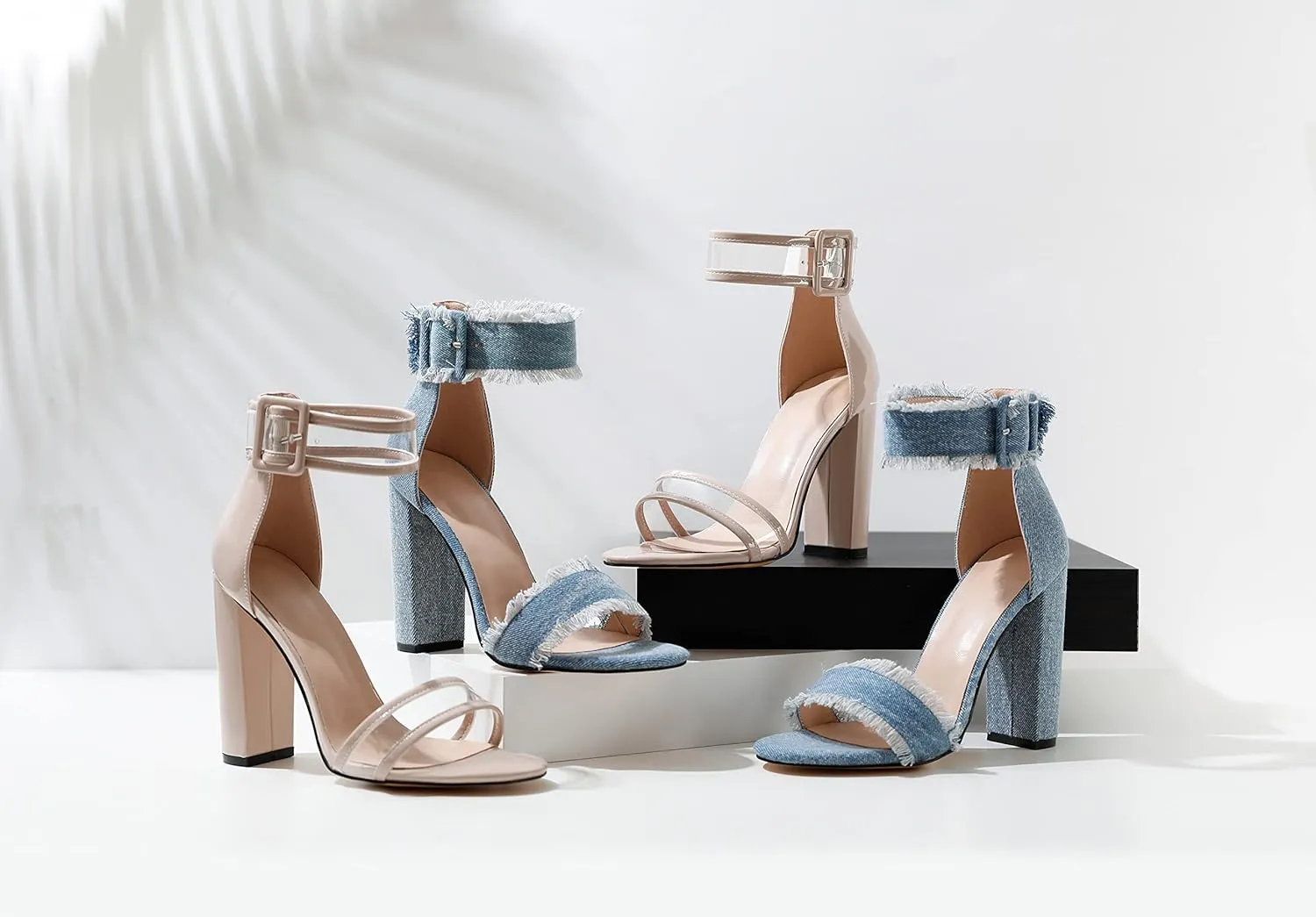 Esvowido Women's Open Toe Denim High Heeled Sandals Fashion Comfortable Ankle Strap Tassel Chunky Block Heels