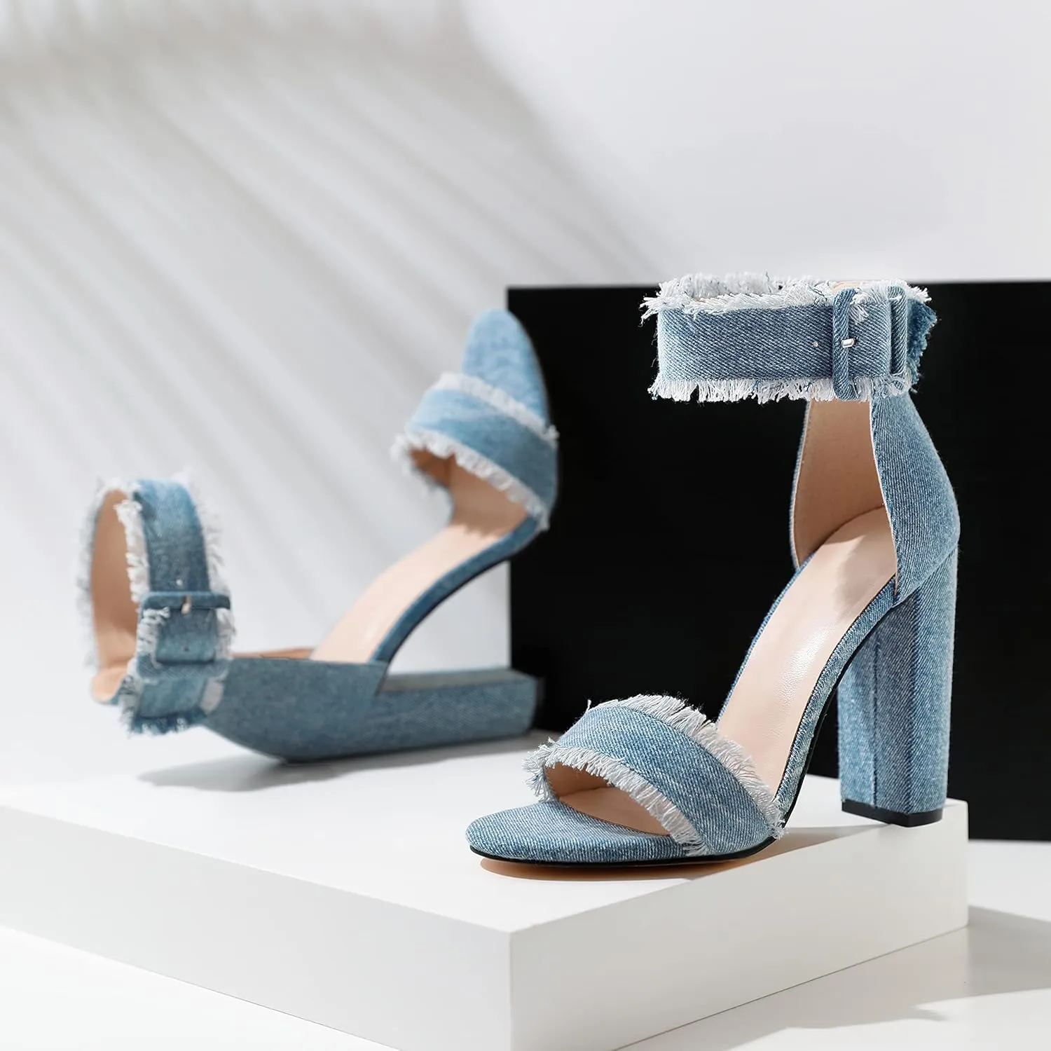 Esvowido Women's Open Toe Denim High Heeled Sandals Fashion Comfortable Ankle Strap Tassel Chunky Block Heels