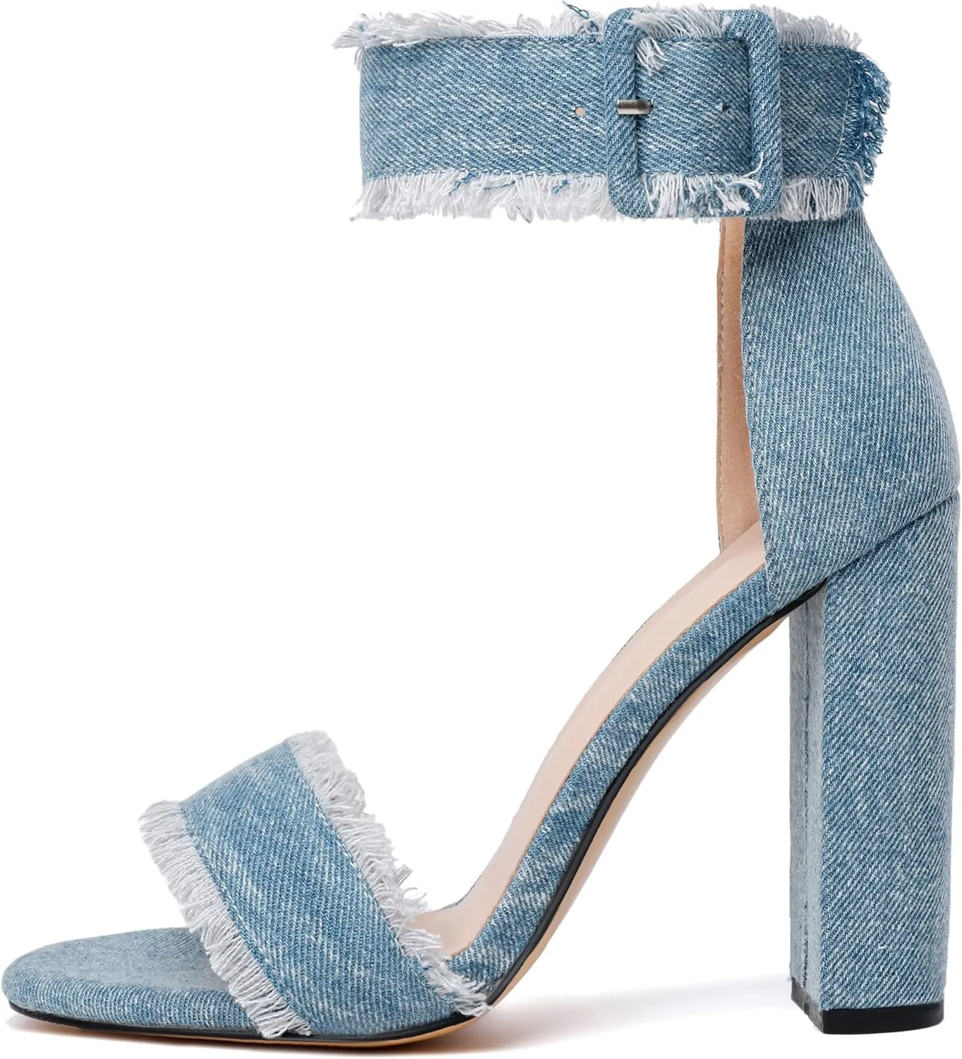Esvowido Women's Open Toe Denim High Heeled Sandals Fashion Comfortable Ankle Strap Tassel Chunky Block Heels