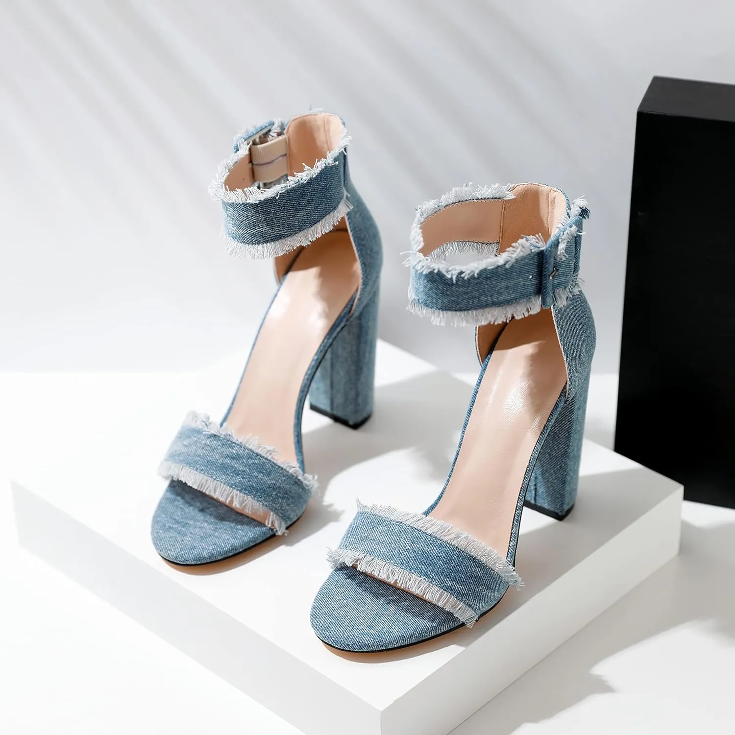 Esvowido Women's Open Toe Denim High Heeled Sandals Fashion Comfortable Ankle Strap Tassel Chunky Block Heels