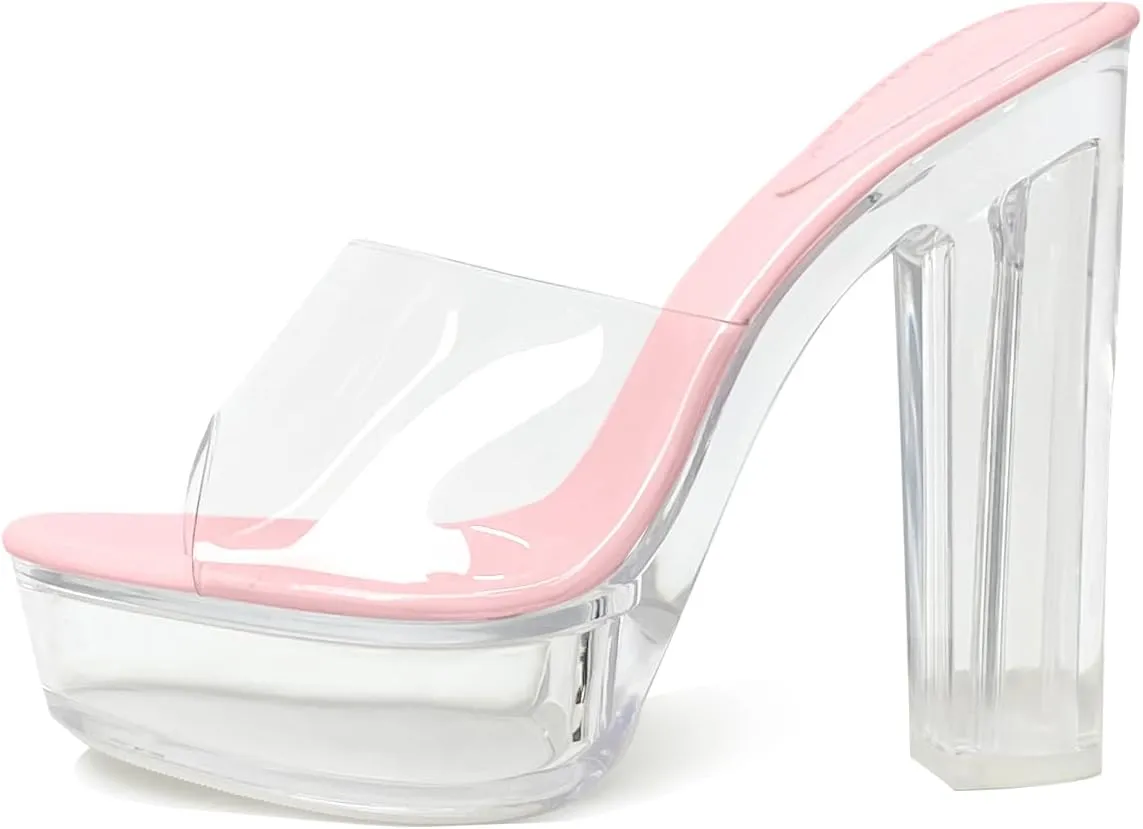 Fantoesay Women's Clear Platform Sandals Chunky Heel Mules Slip On Sandals