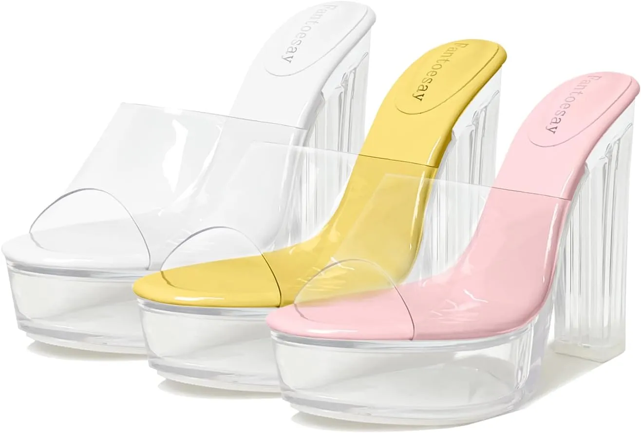 Fantoesay Women's Clear Platform Sandals Chunky Heel Mules Slip On Sandals