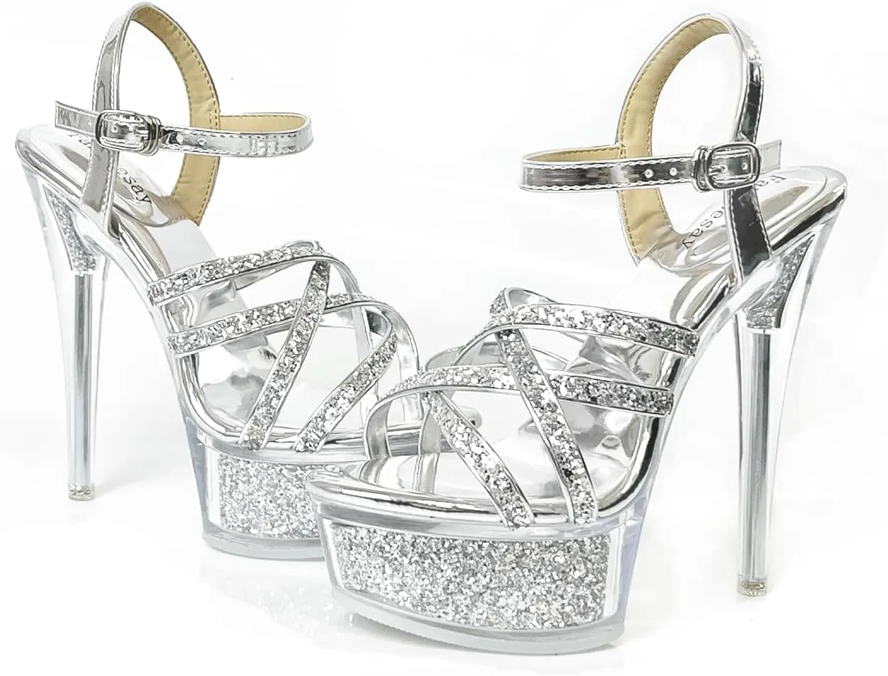 Fantoesay Women's Platform Sandals Sparkling Glitter Strappy Stiletto High Heels Sexy Clear Sandals