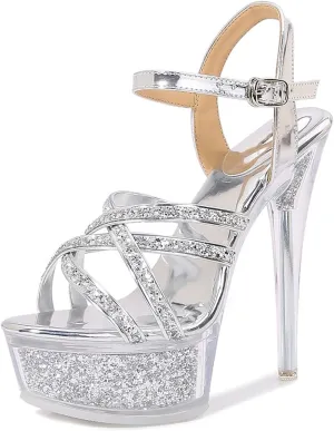 Fantoesay Women's Platform Sandals Sparkling Glitter Strappy Stiletto High Heels Sexy Clear Sandals