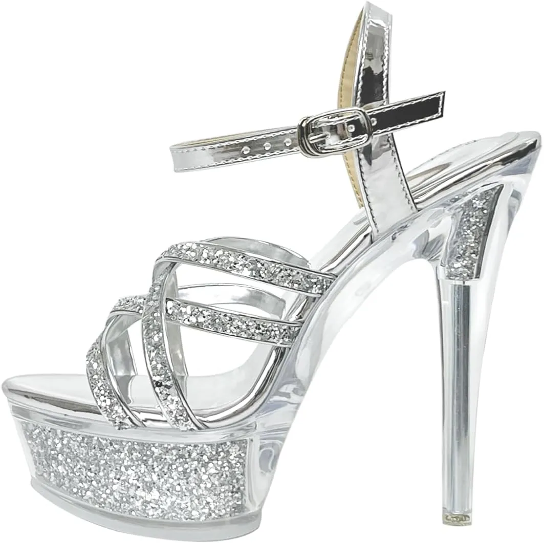 Fantoesay Women's Platform Sandals Sparkling Glitter Strappy Stiletto High Heels Sexy Clear Sandals