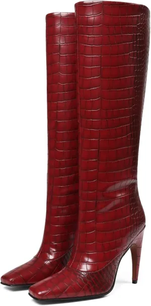 femflame Knee High Boots for Women Wide Calf Long Boots Suede Square Toe Pull On Stiletto Heel Tall Boots