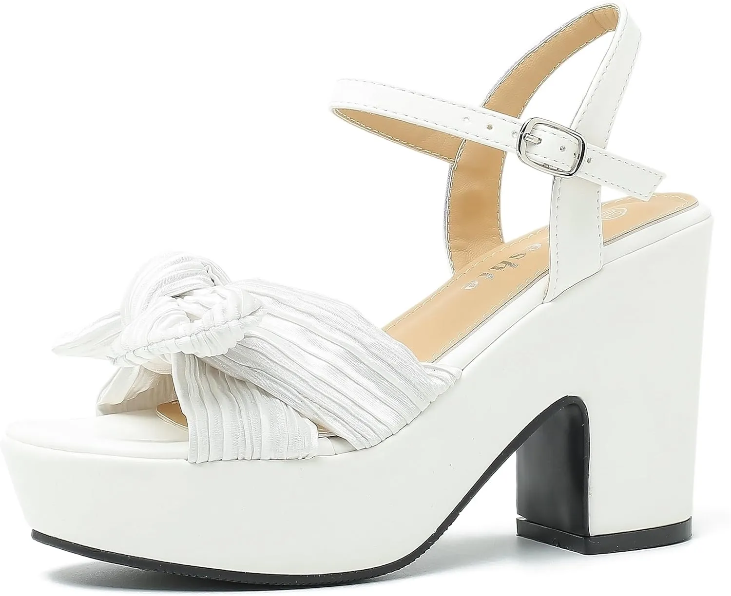 fereshte Women's Pleated Bow Knot Chunky Block Heels Platform High Heel Open Toe Ankle Strap Sandals