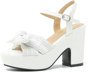 fereshte Women's Pleated Bow Knot Chunky Block Heels Platform High Heel Open Toe Ankle Strap Sandals