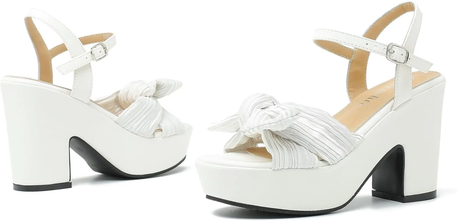 fereshte Women's Pleated Bow Knot Chunky Block Heels Platform High Heel Open Toe Ankle Strap Sandals