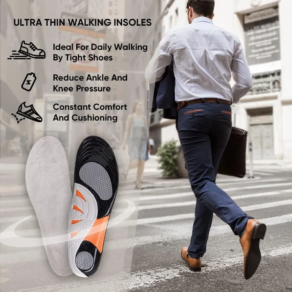 FOOTSECRT Ultra Thin Insoles for Men, Comfort Gel Insoles for Men,Arch Support Inserts Men with Massaging Gel, Reduce Feet and Knee Pressure for All Day(Men Size 8-13 Gray)