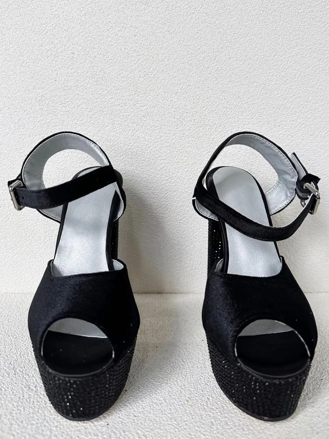Frankie Hsu Ladies Sexy Gems Chunky Block Platform Ankle High Heeled Sandals, Black Velvet Rhinestone Luxury Style, Big Large Size US4-19 Shoes For Women Men