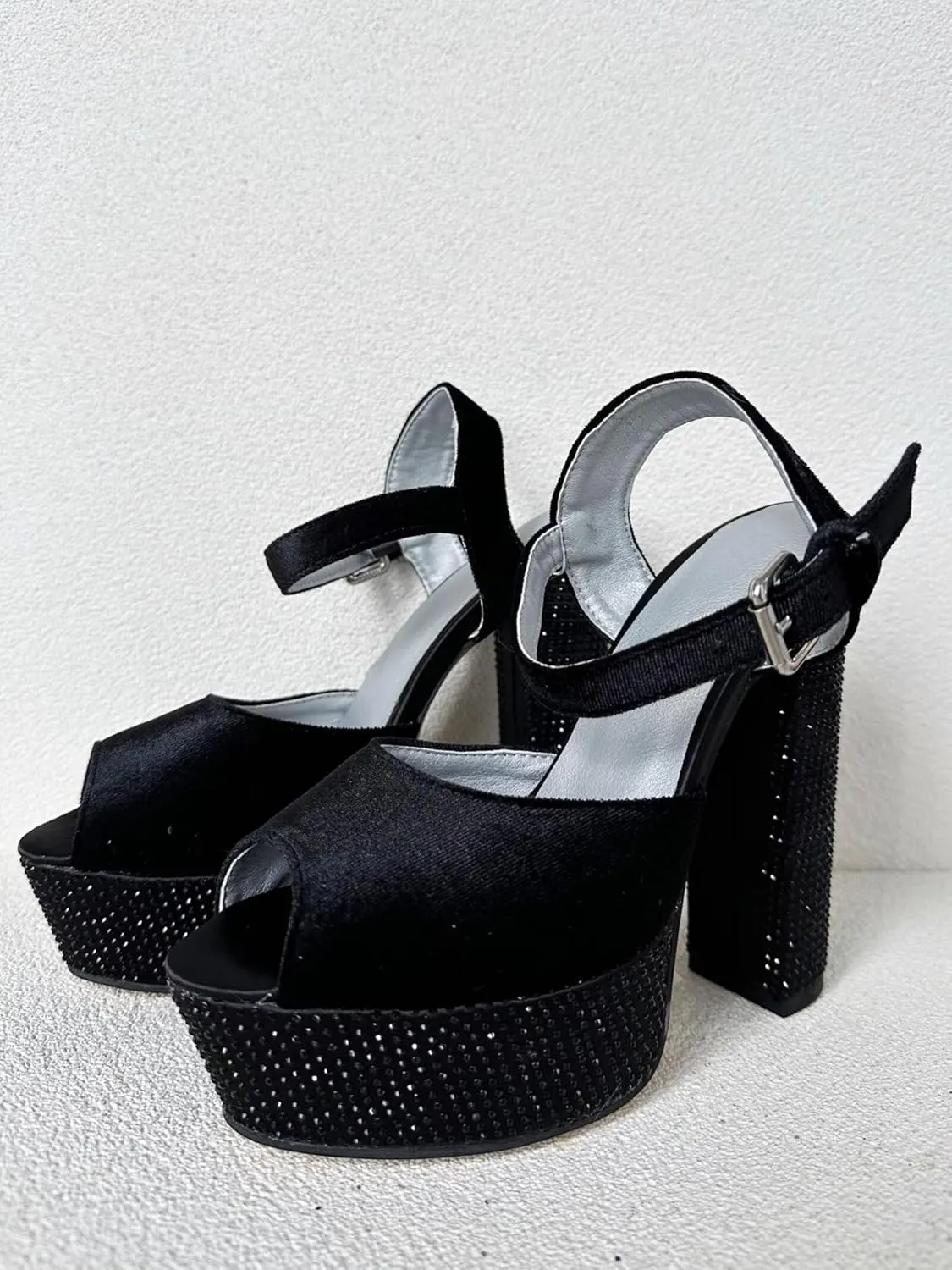 Frankie Hsu Ladies Sexy Gems Chunky Block Platform Ankle High Heeled Sandals, Black Velvet Rhinestone Luxury Style, Big Large Size US4-19 Shoes For Women Men