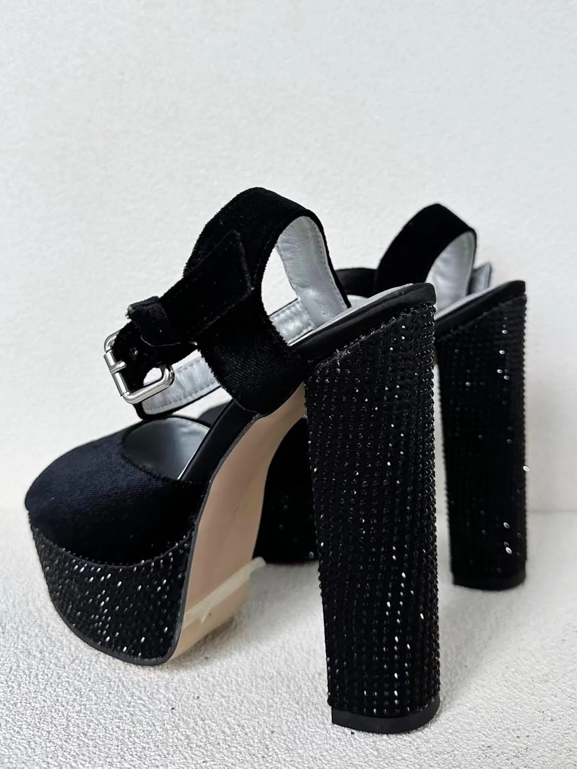 Frankie Hsu Ladies Sexy Gems Chunky Block Platform Ankle High Heeled Sandals, Black Velvet Rhinestone Luxury Style, Big Large Size US4-19 Shoes For Women Men