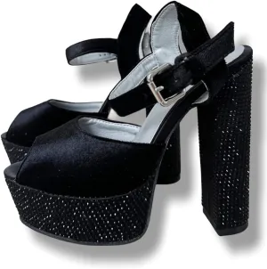 Frankie Hsu Ladies Sexy Gems Chunky Block Platform Ankle High Heeled Sandals, Black Velvet Rhinestone Luxury Style, Big Large Size US4-19 Shoes For Women Men