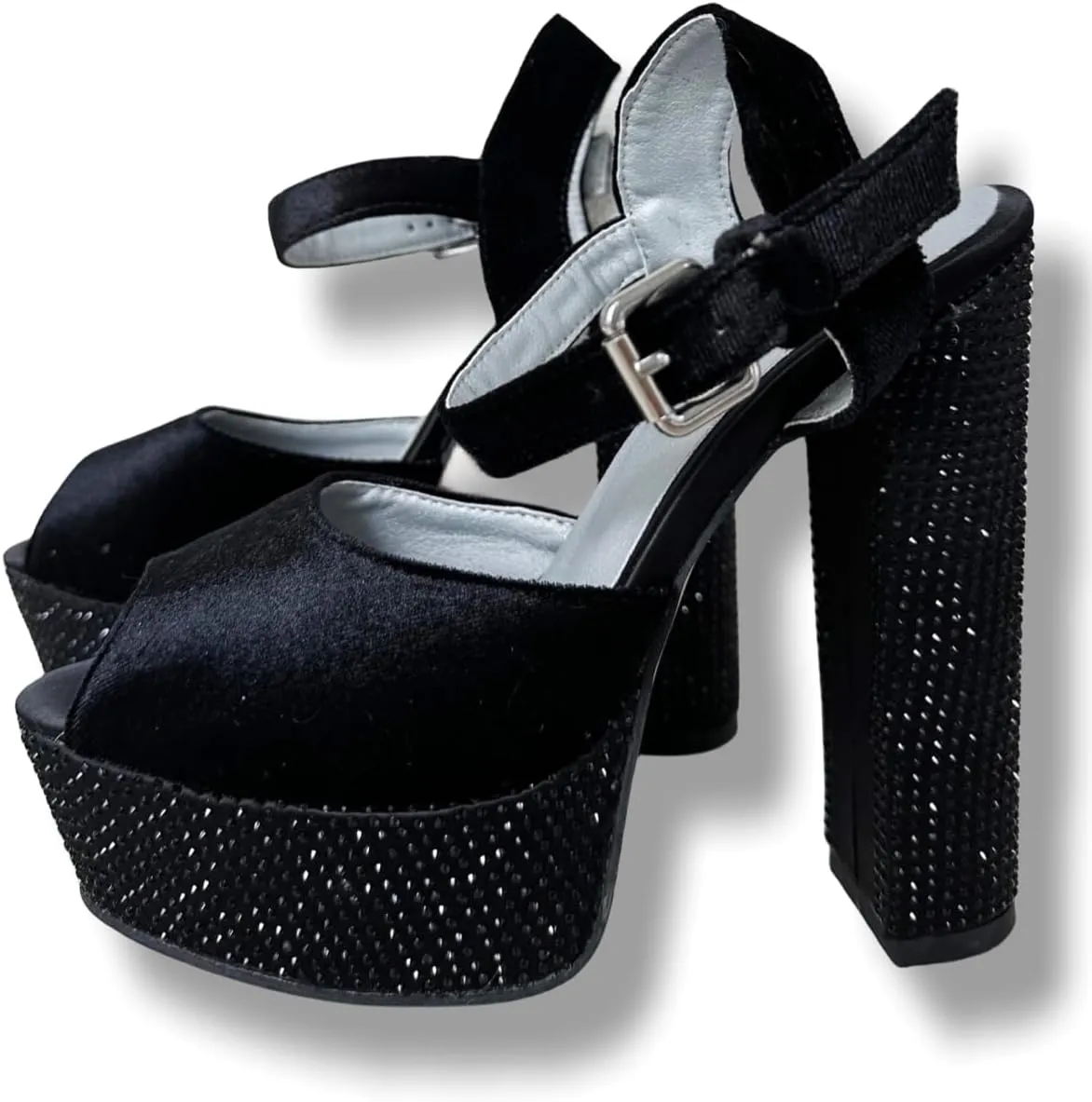 Frankie Hsu Ladies Sexy Gems Chunky Block Platform Ankle High Heeled Sandals, Black Velvet Rhinestone Luxury Style, Big Large Size US4-19 Shoes For Women Men