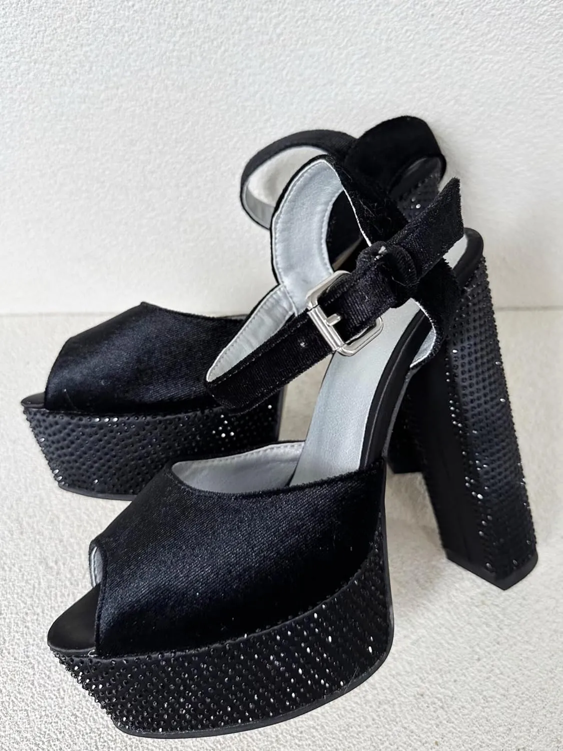 Frankie Hsu Ladies Sexy Gems Chunky Block Platform Ankle High Heeled Sandals, Black Velvet Rhinestone Luxury Style, Big Large Size US4-19 Shoes For Women Men