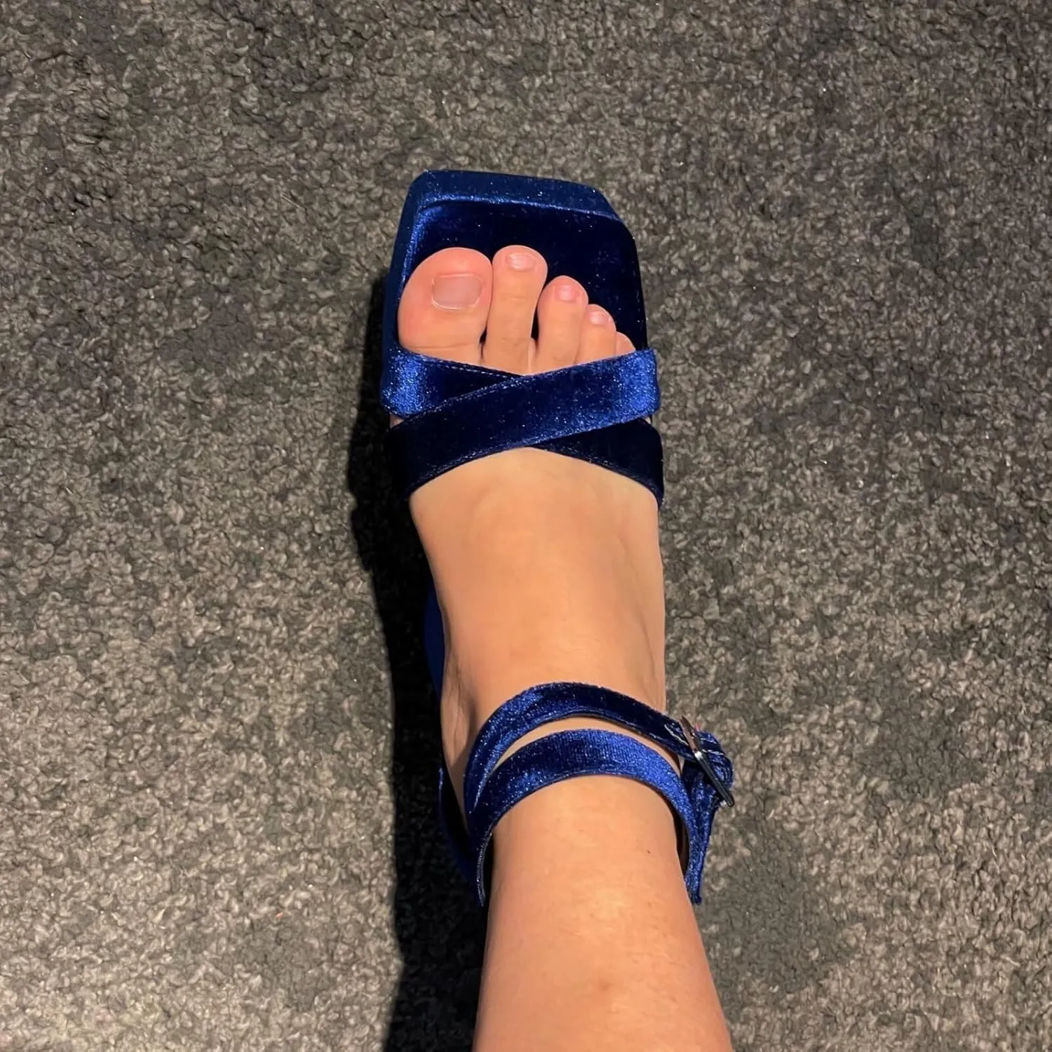 Frankie Hsu Luxury Velvet Platform Chunky High Heeled Sandal, Women's Cross Strap Platform Thick High Heels Shoes, Fashion Blue Square Toe Ankle Strap Sandal for Women