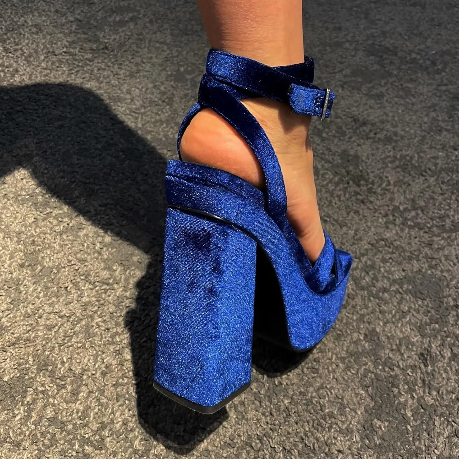 Frankie Hsu Luxury Velvet Platform Chunky High Heeled Sandal, Women's Cross Strap Platform Thick High Heels Shoes, Fashion Blue Square Toe Ankle Strap Sandal for Women