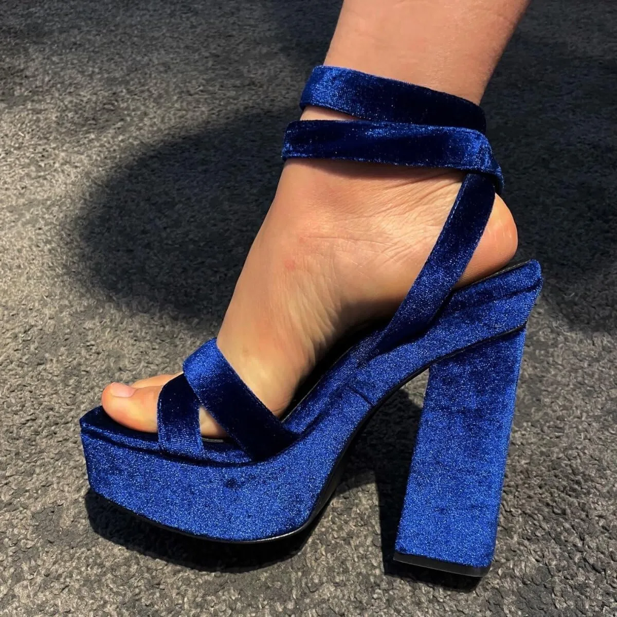 Frankie Hsu Luxury Velvet Platform Chunky High Heeled Sandal, Women's Cross Strap Platform Thick High Heels Shoes, Fashion Blue Square Toe Ankle Strap Sandal for Women