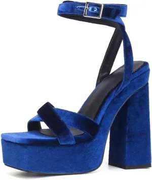 Frankie Hsu Luxury Velvet Platform Chunky High Heeled Sandal, Women's Cross Strap Platform Thick High Heels Shoes, Fashion Blue Square Toe Ankle Strap Sandal for Women