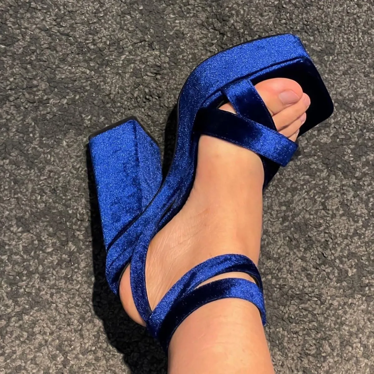 Frankie Hsu Luxury Velvet Platform Chunky High Heeled Sandal, Women's Cross Strap Platform Thick High Heels Shoes, Fashion Blue Square Toe Ankle Strap Sandal for Women