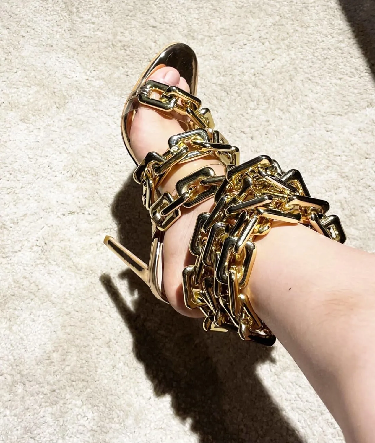 Frankie Hsu Luxury Women's Ankle Leg Lace Up Gold Link Chain Clear PVC Strappy Stiletto Round Toe High Heeled Sandals