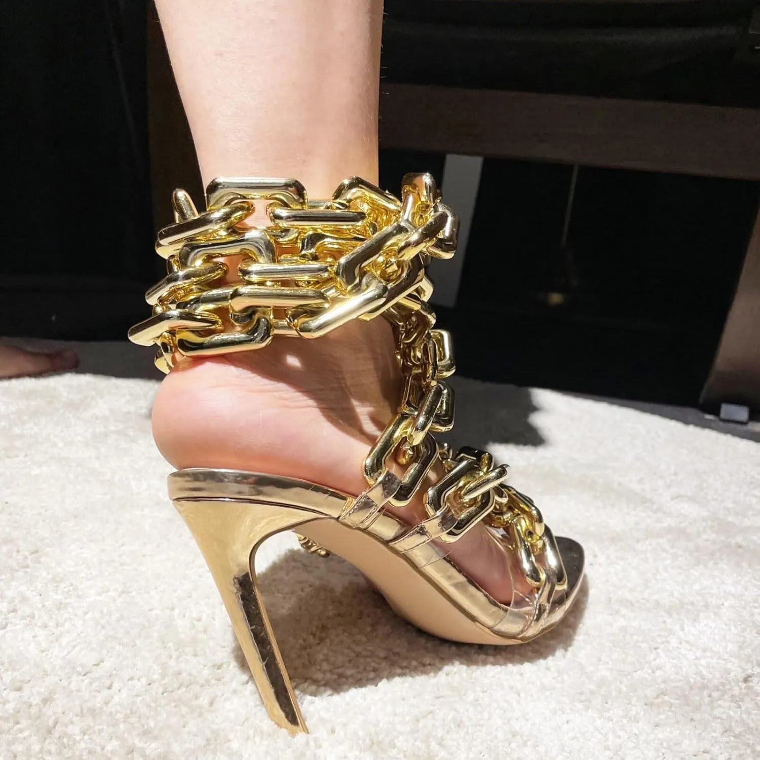Frankie Hsu Luxury Women's Ankle Leg Lace Up Gold Link Chain Clear PVC Strappy Stiletto Round Toe High Heeled Sandals