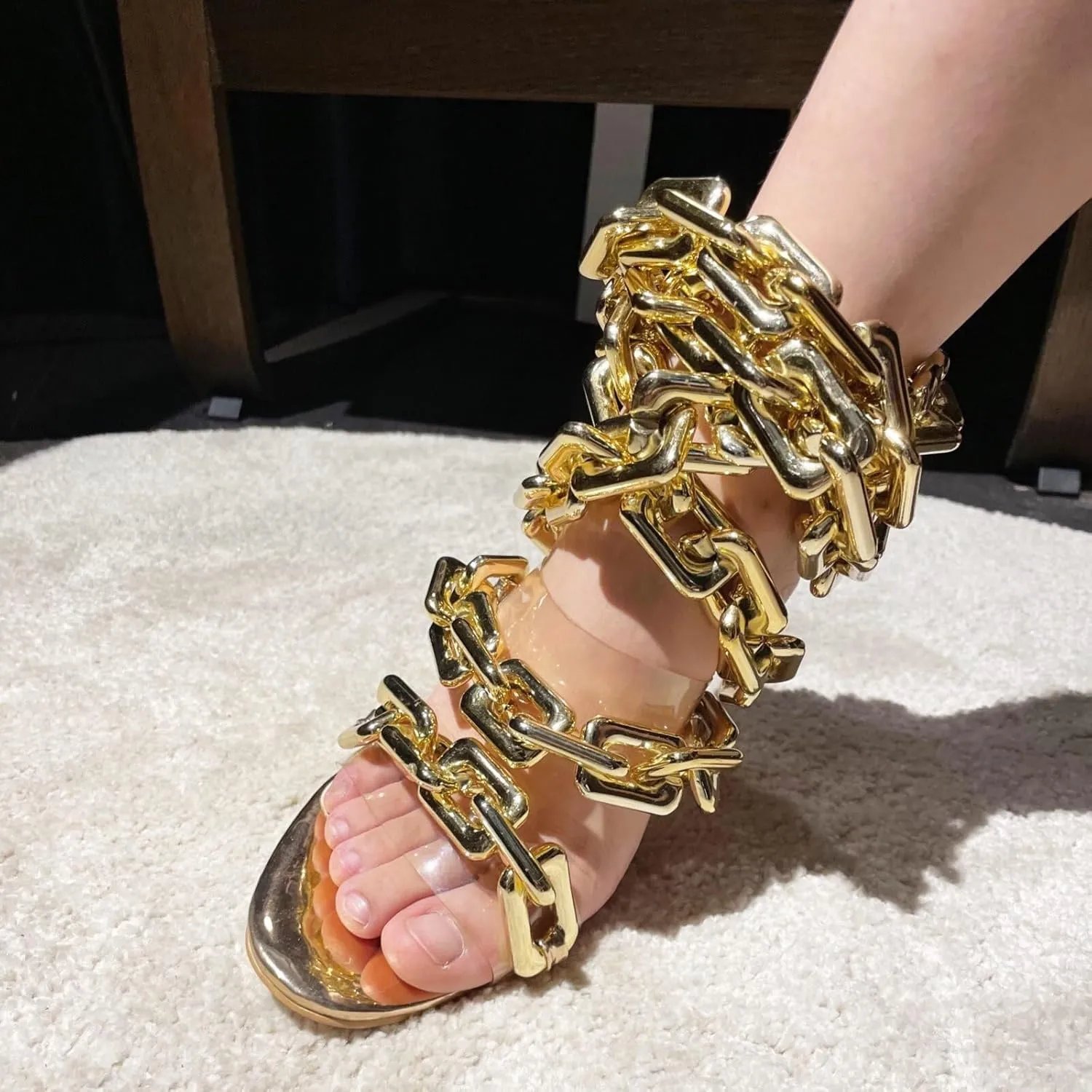 Frankie Hsu Luxury Women's Ankle Leg Lace Up Gold Link Chain Clear PVC Strappy Stiletto Round Toe High Heeled Sandals