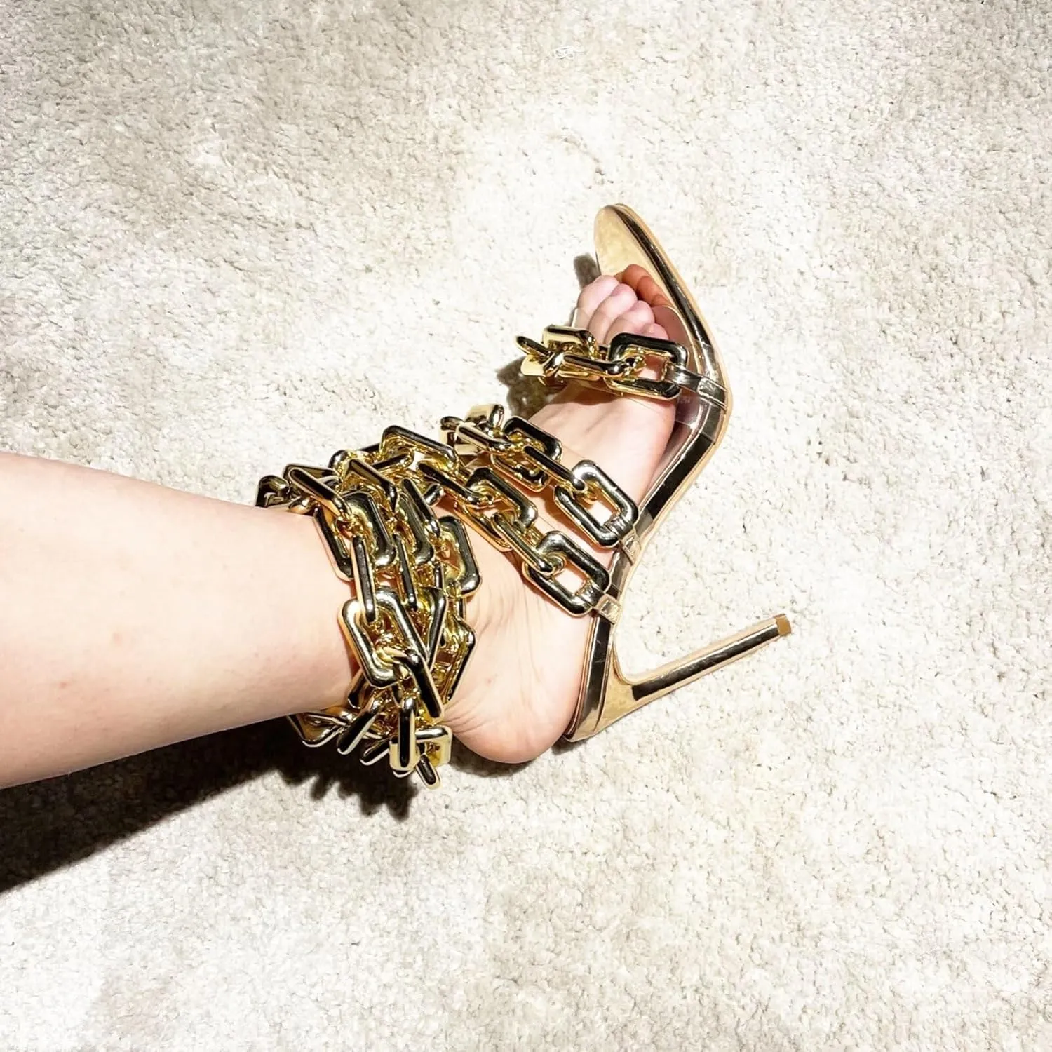 Frankie Hsu Luxury Women's Ankle Leg Lace Up Gold Link Chain Clear PVC Strappy Stiletto Round Toe High Heeled Sandals