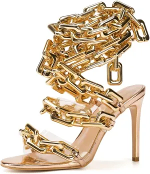 Frankie Hsu Luxury Women's Ankle Leg Lace Up Gold Link Chain Clear PVC Strappy Stiletto Round Toe High Heeled Sandals