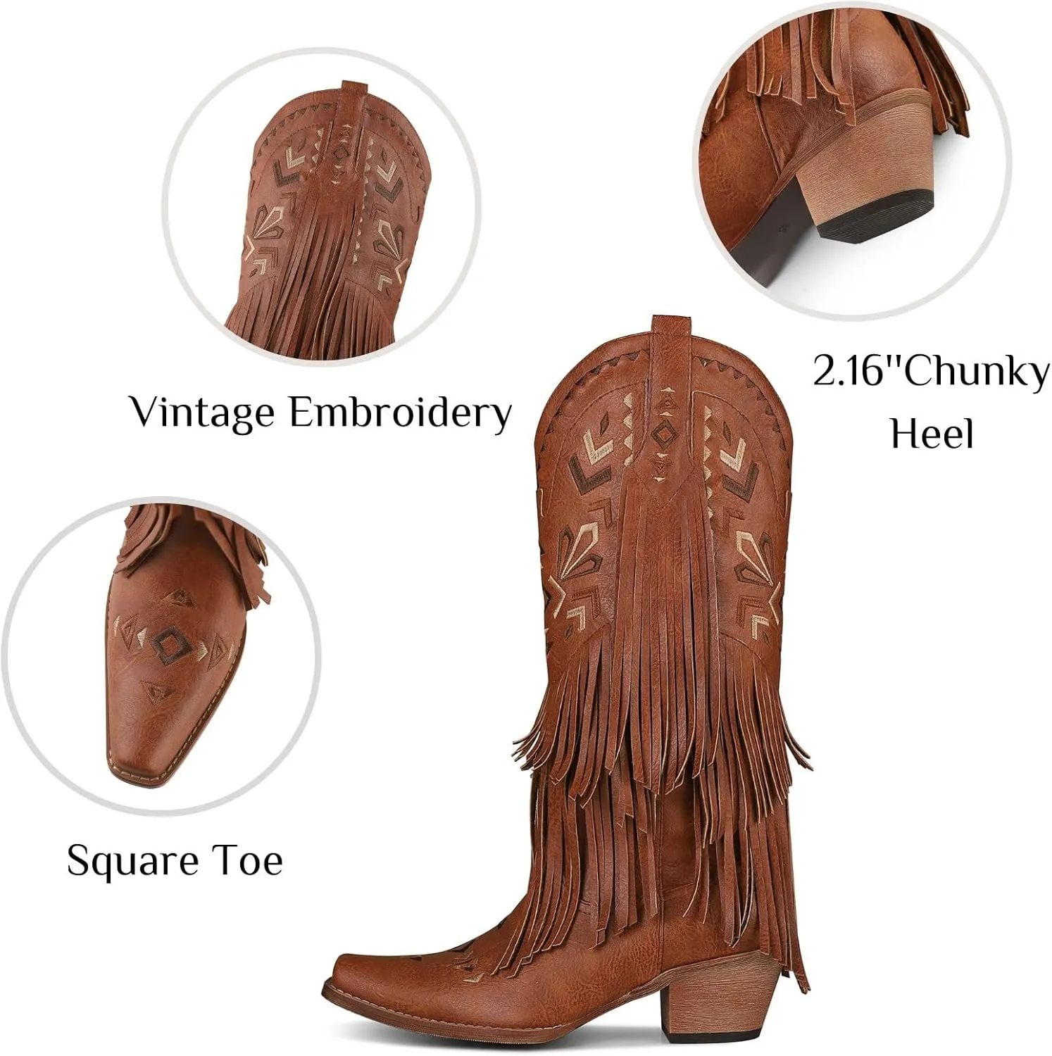 Fringe Cowgirl Boots-Square Toe Chunky Heel Cowboy Boots Wide Calf Knee High Boots Embroidered Tassel Pull on Fall Winter Western Vintage Retro Shoes for Ladies