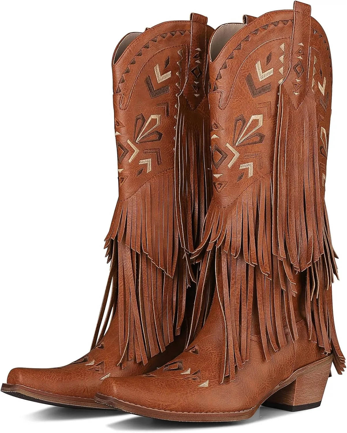 Fringe Cowgirl Boots-Square Toe Chunky Heel Cowboy Boots Wide Calf Knee High Boots Embroidered Tassel Pull on Fall Winter Western Vintage Retro Shoes for Ladies