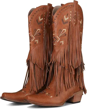 Fringe Cowgirl Boots-Square Toe Chunky Heel Cowboy Boots Wide Calf Knee High Boots Embroidered Tassel Pull on Fall Winter Western Vintage Retro Shoes for Ladies