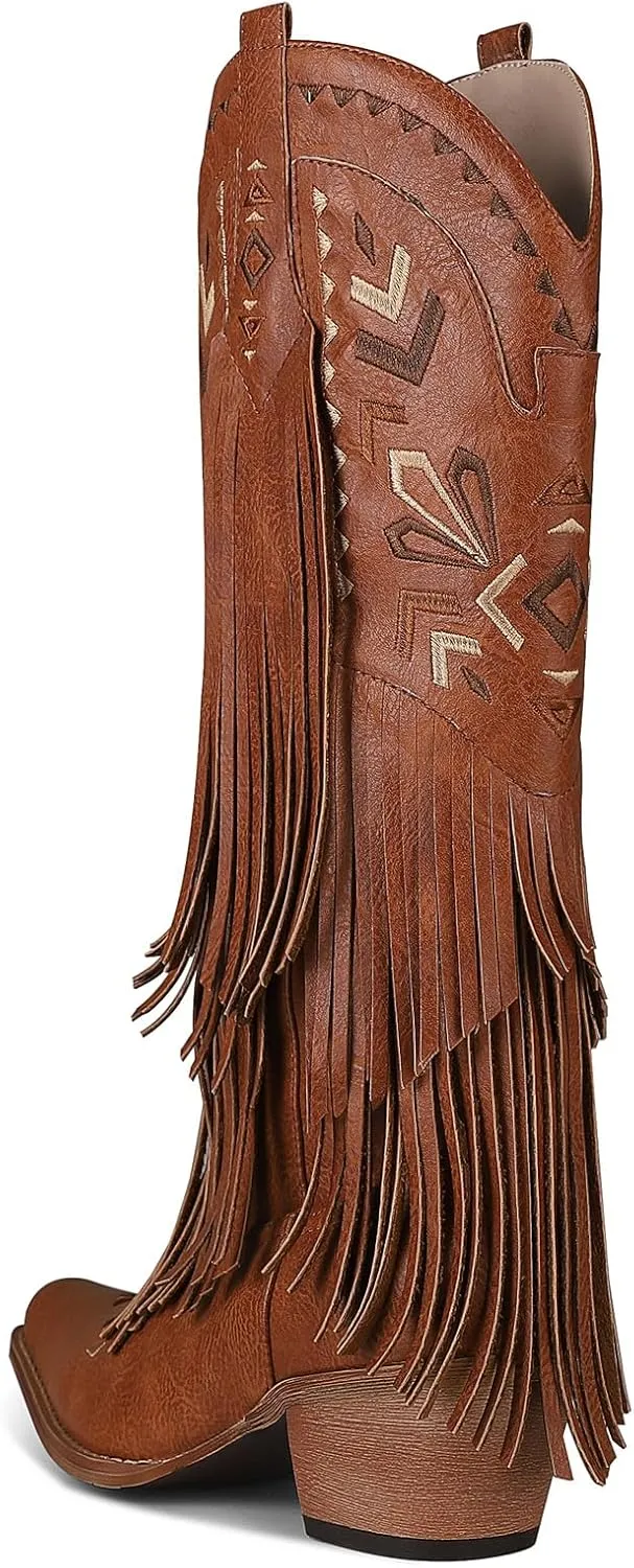 Fringe Cowgirl Boots-Square Toe Chunky Heel Cowboy Boots Wide Calf Knee High Boots Embroidered Tassel Pull on Fall Winter Western Vintage Retro Shoes for Ladies