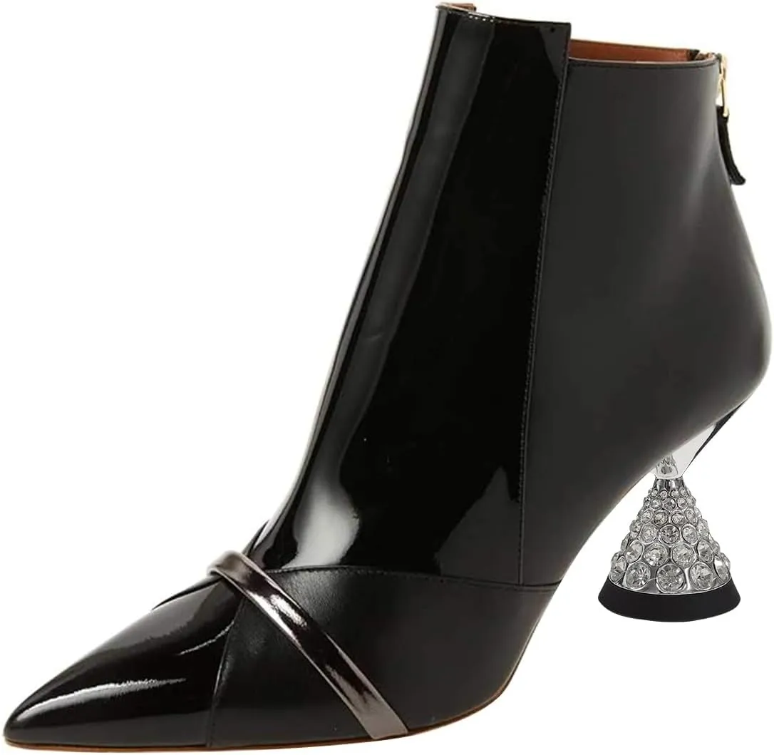 FSJ Women Glossy Mid Heel Ankle Boots Pointed Toe Bootie Chelsea Zipper Fall Fashion Winter Shoe Size 4-15 US