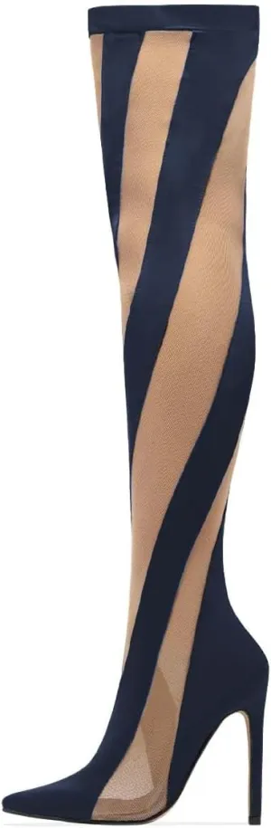 FSJ Women Sexy Pointed Toe Thigh High Boots Ladies Elastic Mesh Multicolor Over the Knee Boots Stretch Stiletto High Heel Long Nightclub Party Dress Shoes Size 4-16 US
