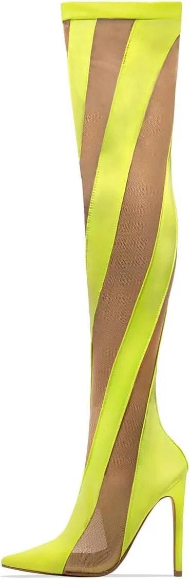 FSJ Women Sexy Pointed Toe Thigh High Boots Ladies Elastic Mesh Multicolor Over the Knee Boots Stretch Stiletto High Heel Long Nightclub Party Dress Shoes Size 4-16 US