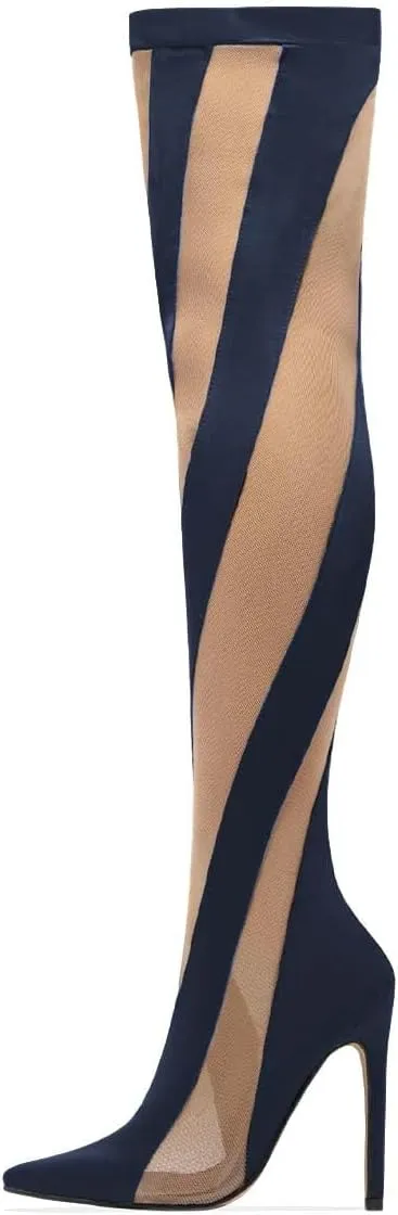 FSJ Women Sexy Pointed Toe Thigh High Boots Ladies Elastic Mesh Multicolor Over the Knee Boots Stretch Stiletto High Heel Long Nightclub Party Dress Shoes Size 4-16 US