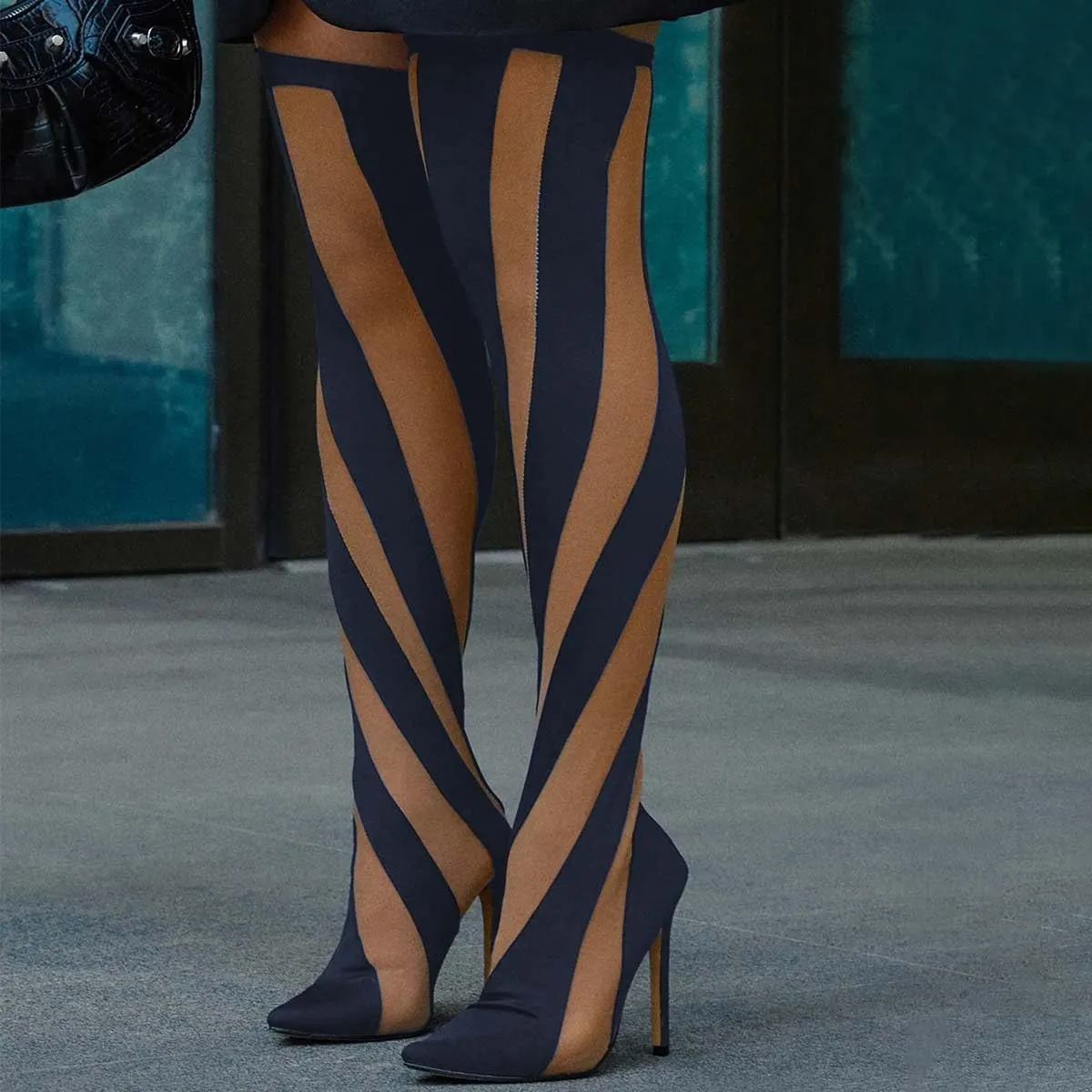 FSJ Women Sexy Pointed Toe Thigh High Boots Ladies Elastic Mesh Multicolor Over the Knee Boots Stretch Stiletto High Heel Long Nightclub Party Dress Shoes Size 4-16 US
