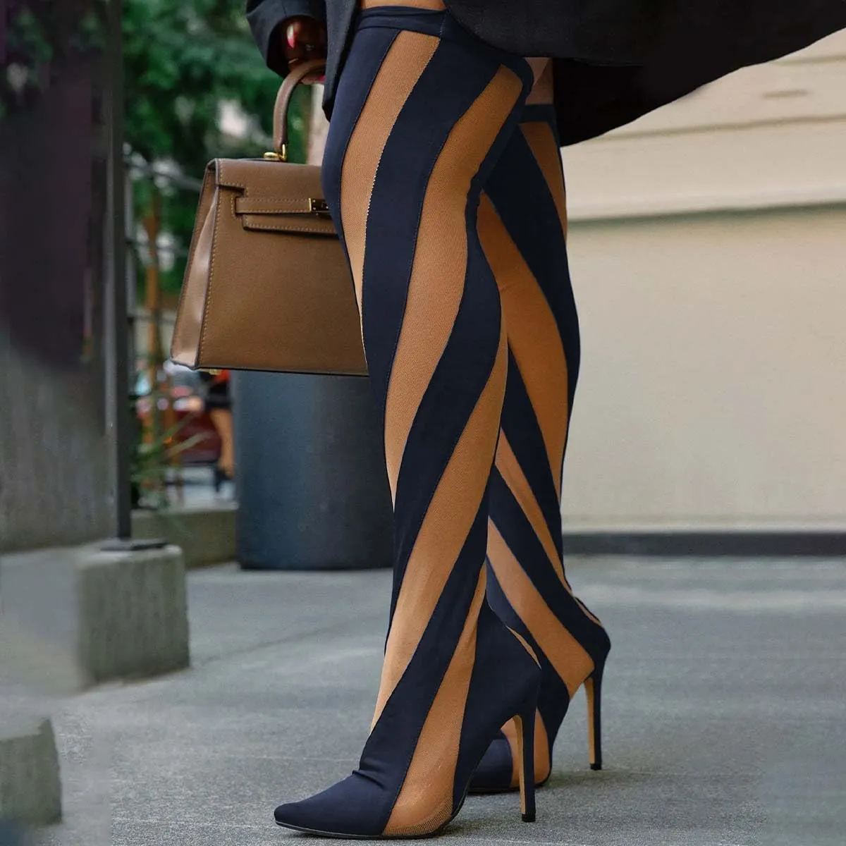 FSJ Women Sexy Pointed Toe Thigh High Boots Ladies Elastic Mesh Multicolor Over the Knee Boots Stretch Stiletto High Heel Long Nightclub Party Dress Shoes Size 4-16 US