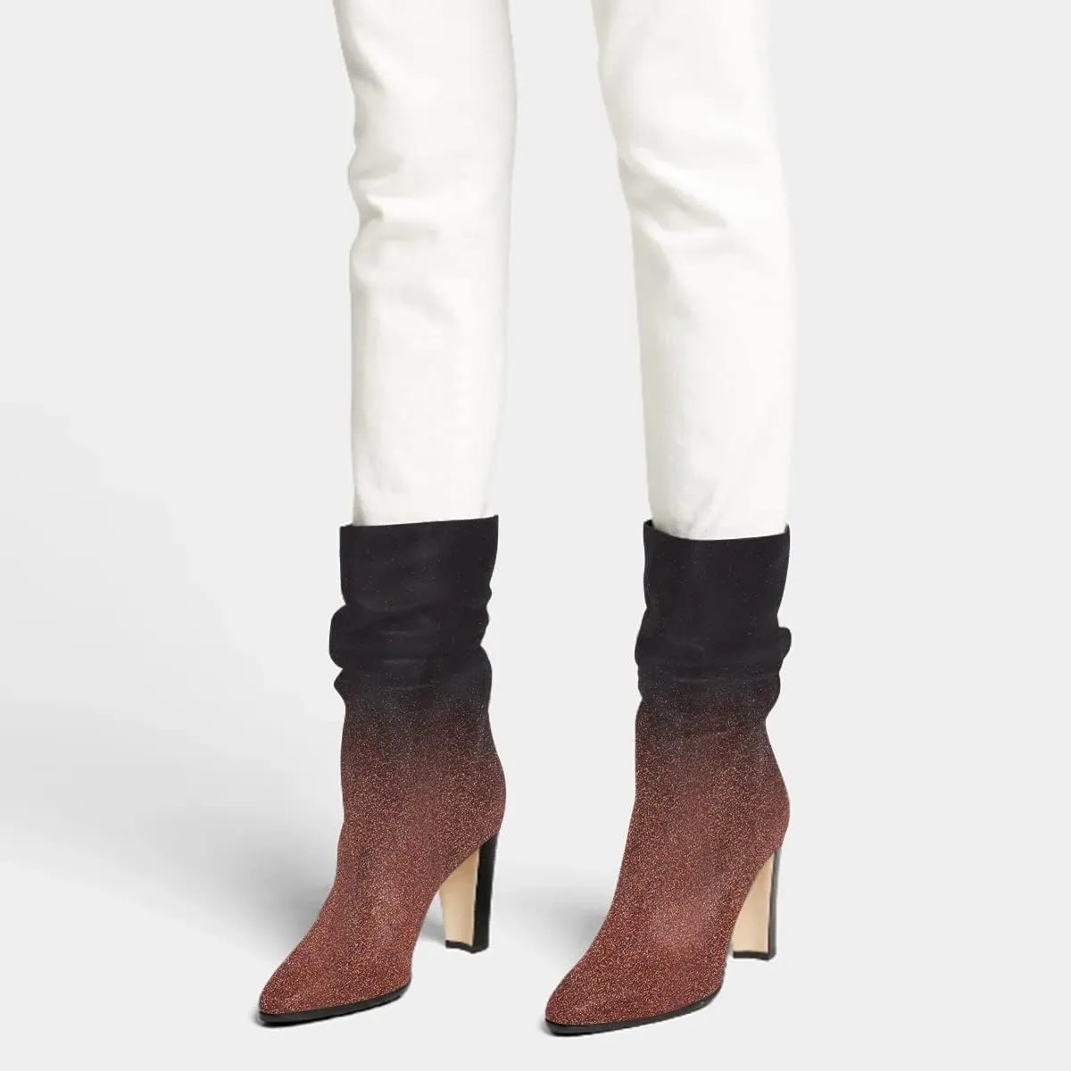 FSJ Women Slouchy Mid Calf Boots Pointed Toe Chunky High Heel Classic Ankle Bootie Stretchy Leather Slip On Winter Wide Riding Boots Size 4-15 US