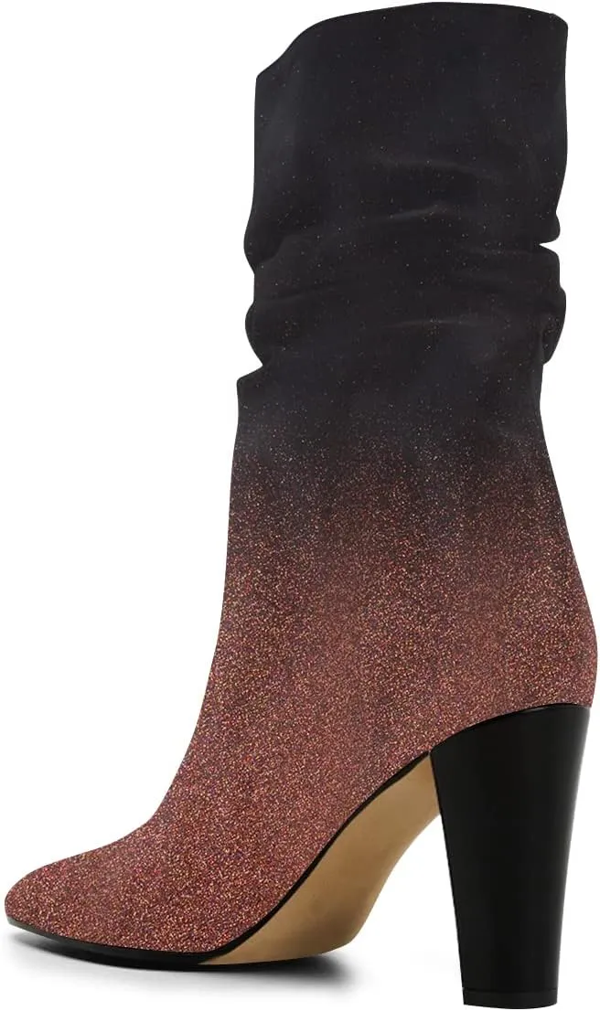 FSJ Women Slouchy Mid Calf Boots Pointed Toe Chunky High Heel Classic Ankle Bootie Stretchy Leather Slip On Winter Wide Riding Boots Size 4-15 US